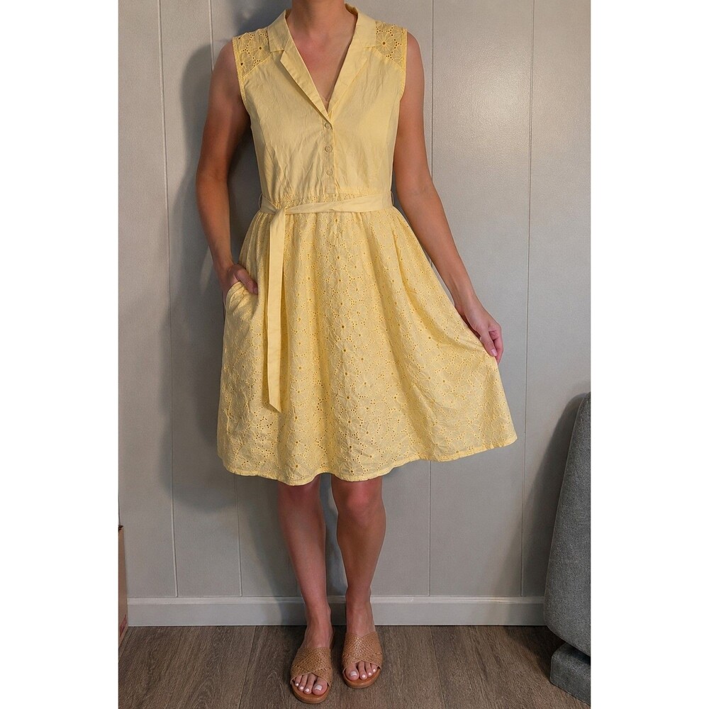 Motherhood Maternity Small Yellow Dress with Tie Belt Sleeveless Summer Women's